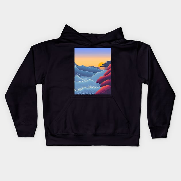 Ukiyo-e Japanese Art - Waves Crashing Against a Rocky Coast at Sunset Kids Hoodie by allovervintage